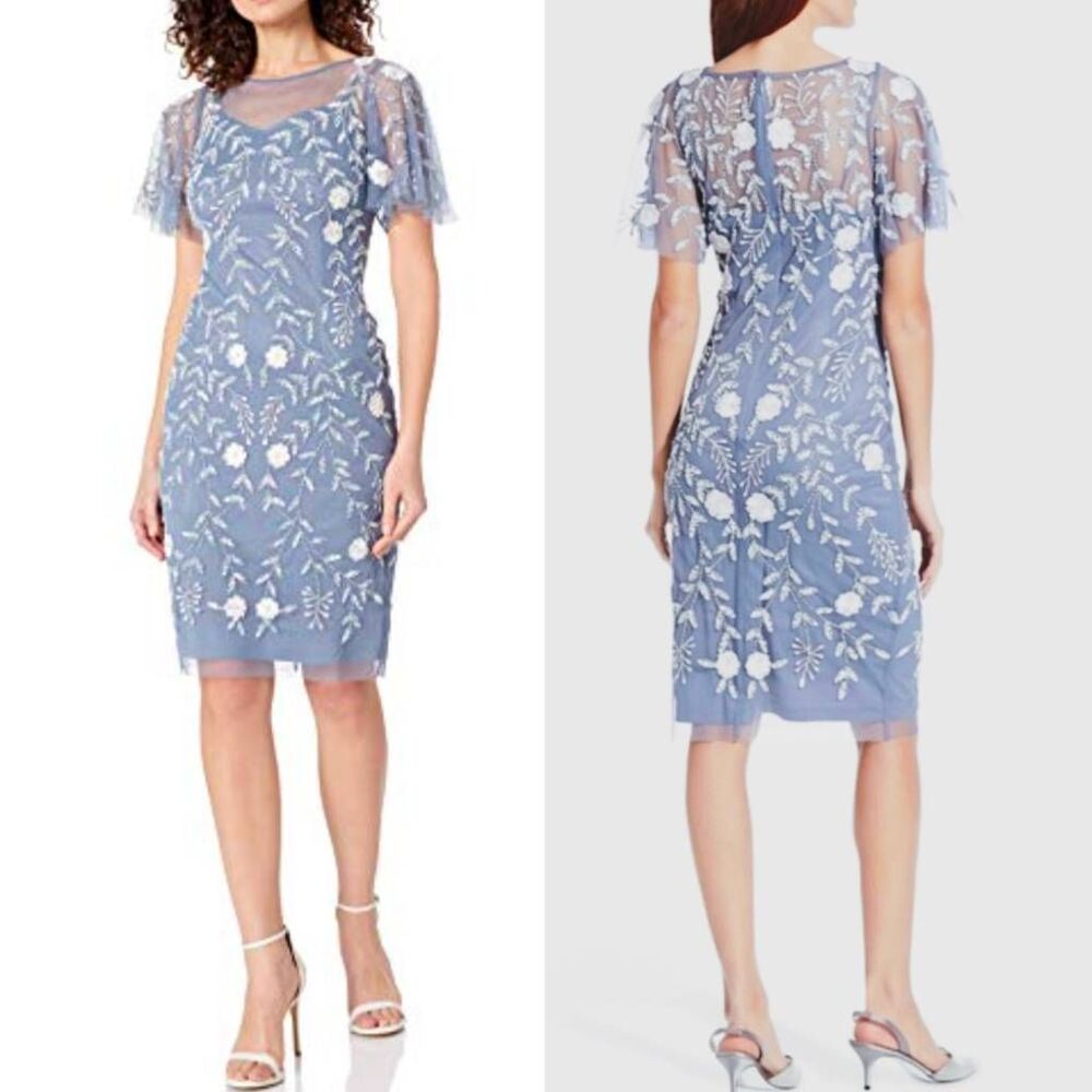 Adrianna Papell wisteria blue & white beaded embroidered flutter sleeve dress 10